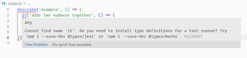 The "cannot find name it" Jest error occurring in Visual Studio Code.