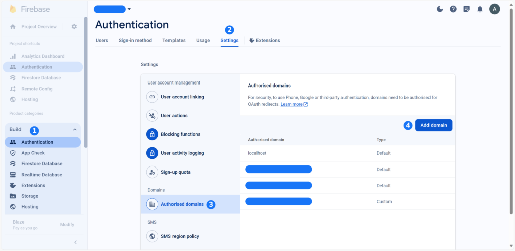 An image with steps to go to the Firebase Authentication Authorized domains settings page.