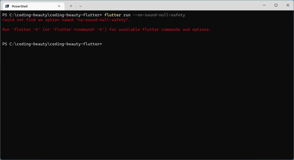 The "Could not find an option named no-sound-null-safety" occurring in the command line.