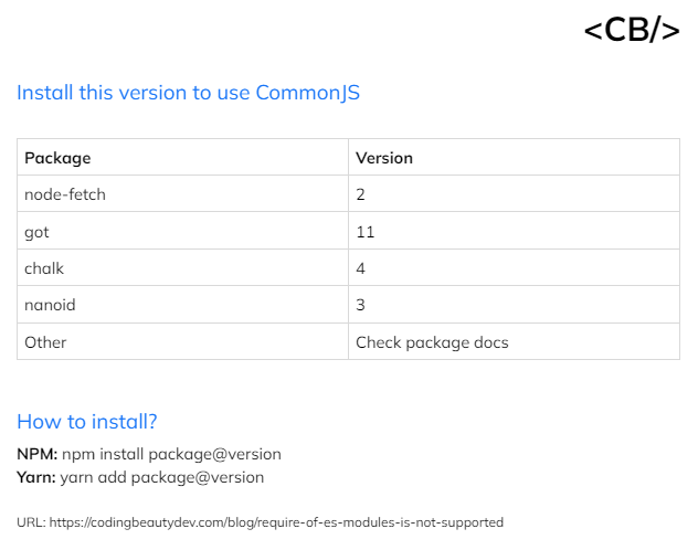 Package versions for downgrading to fix the "Cannot use import statement outside a module" error in JavaScript.