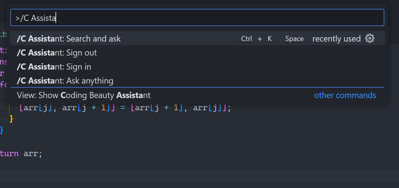 Coding Beauty Assistant Search and Ask command